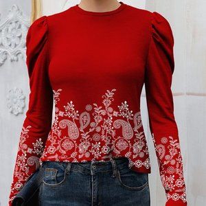 Red & White Paisley Crewneck Puff-Sleeve Top